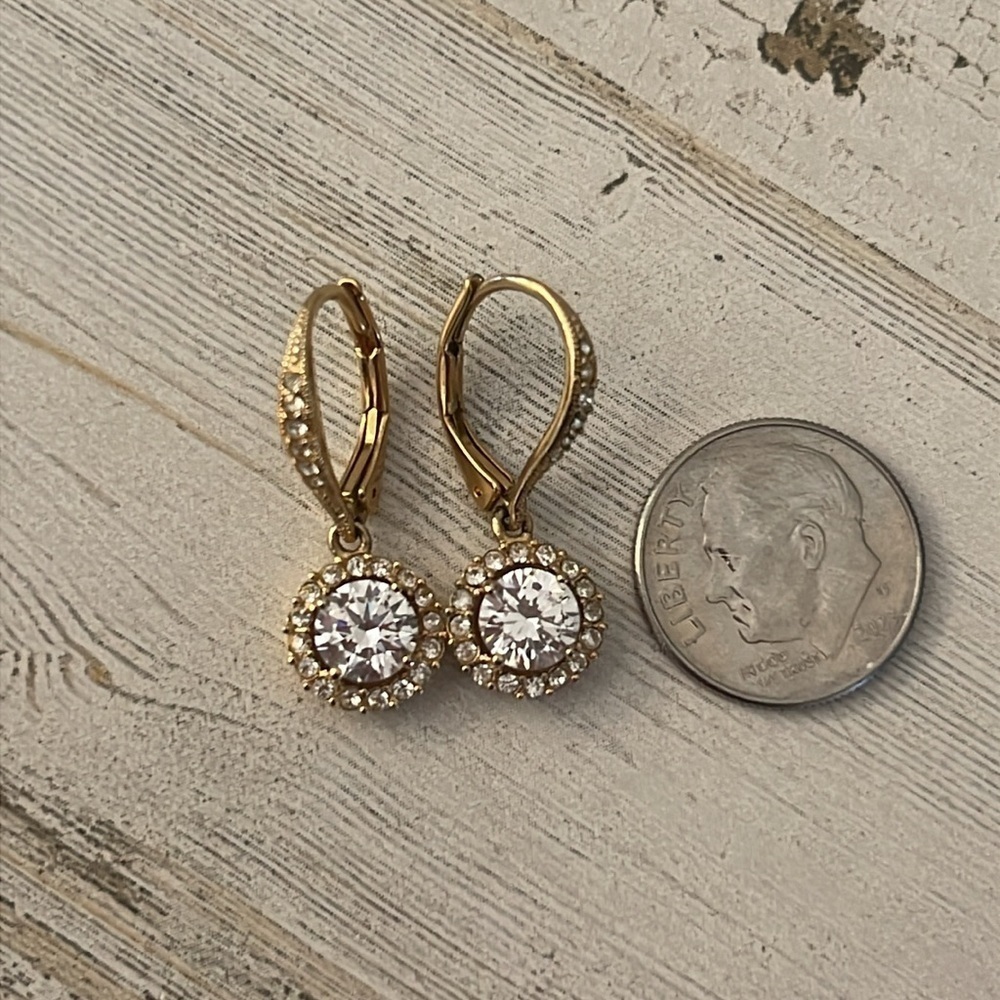 Nadri Framed Round CZ Halo Drop Earrings Gold Leverback - Picture 5 of 8